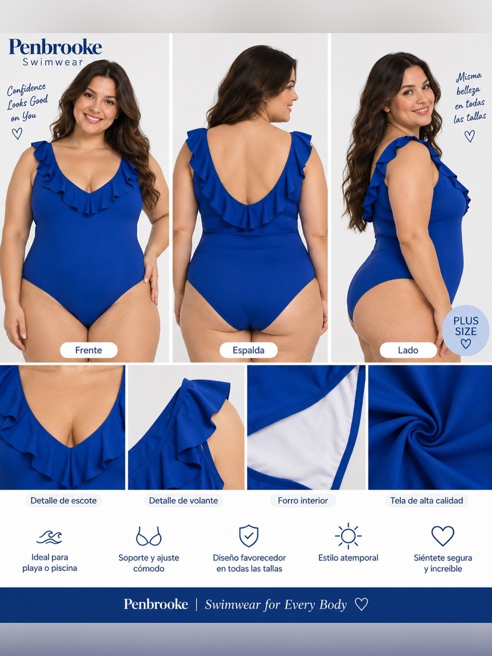 Penbrooke Women's One Piece Swimsuit - Size 30 - Royal Blue Ruffle Neckline -NWT
